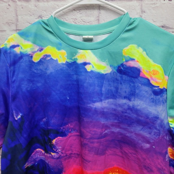 Blacklight UV Tshirt Size M Rainbow Tropical Sunset All Over Print Neon Aofmoka - Picture 2 of 8